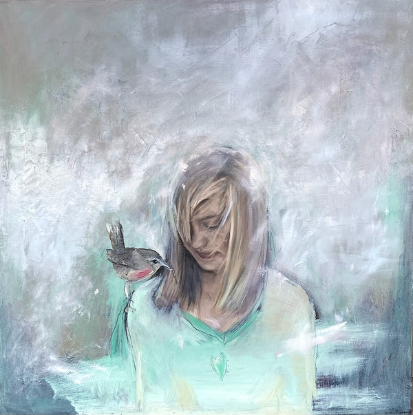 portrait oil painting on canvas depicting a girl and a bird in a snowy winter setting