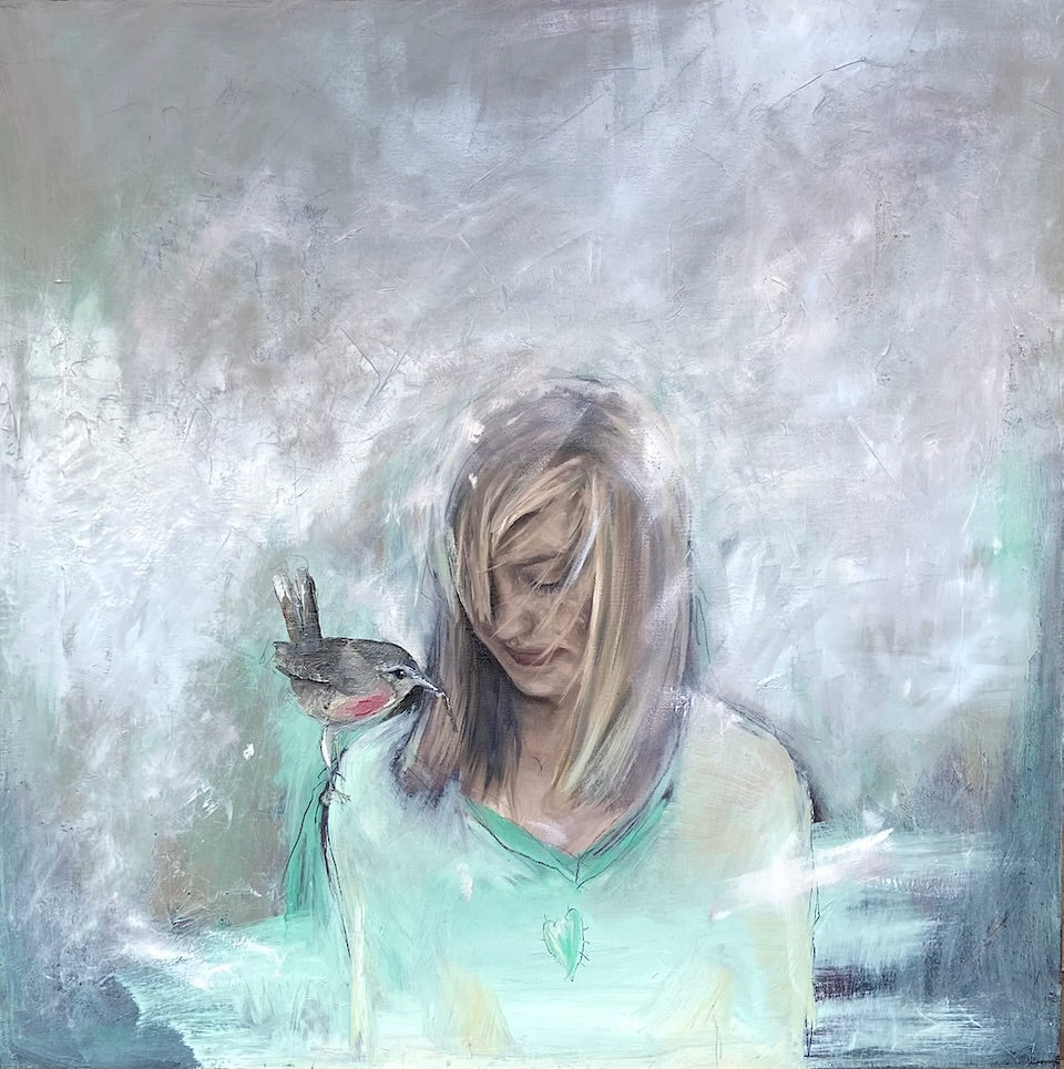 portrait oil painting on canvas depicting a girl and a bird in a snowy winter setting
