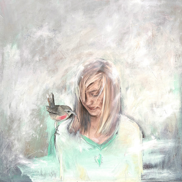 Portrait oil painting of woman with a bird on her shoulder against a textured green grey background
