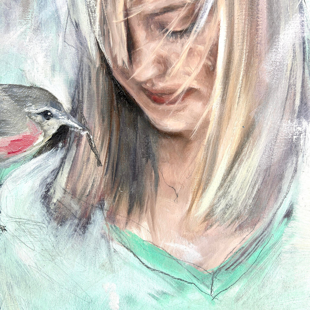 portrait painting in oil. Artistic depiction of a bird on a textured light grey and mint background. close up