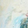 Close-up of background of an oil painting of a man. Detailed textured surface with written words in pencil on off white. 