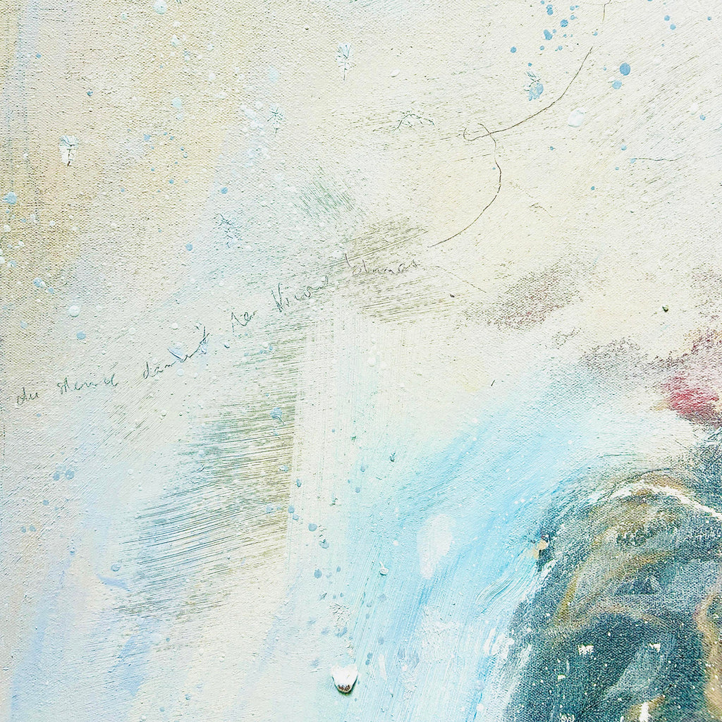 Close-up of background of an oil painting of a man. Detailed textured surface with written words in pencil on off white. 