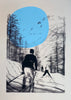 A limited edition screen print of a skier on a snowy mountain, predominantly in black, white, and gray tones with a blue circle emphasizing the sky.