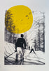 A limited edition screen print of a skier on a snowy mountain with a prominent yellow sun in the background. The print captures a black and white scene with details of trees and a second skier in the distance.