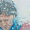 Painting of a man. Close-up Artistic depiction of a man in the snow with a textured background with visible brushstrokes.