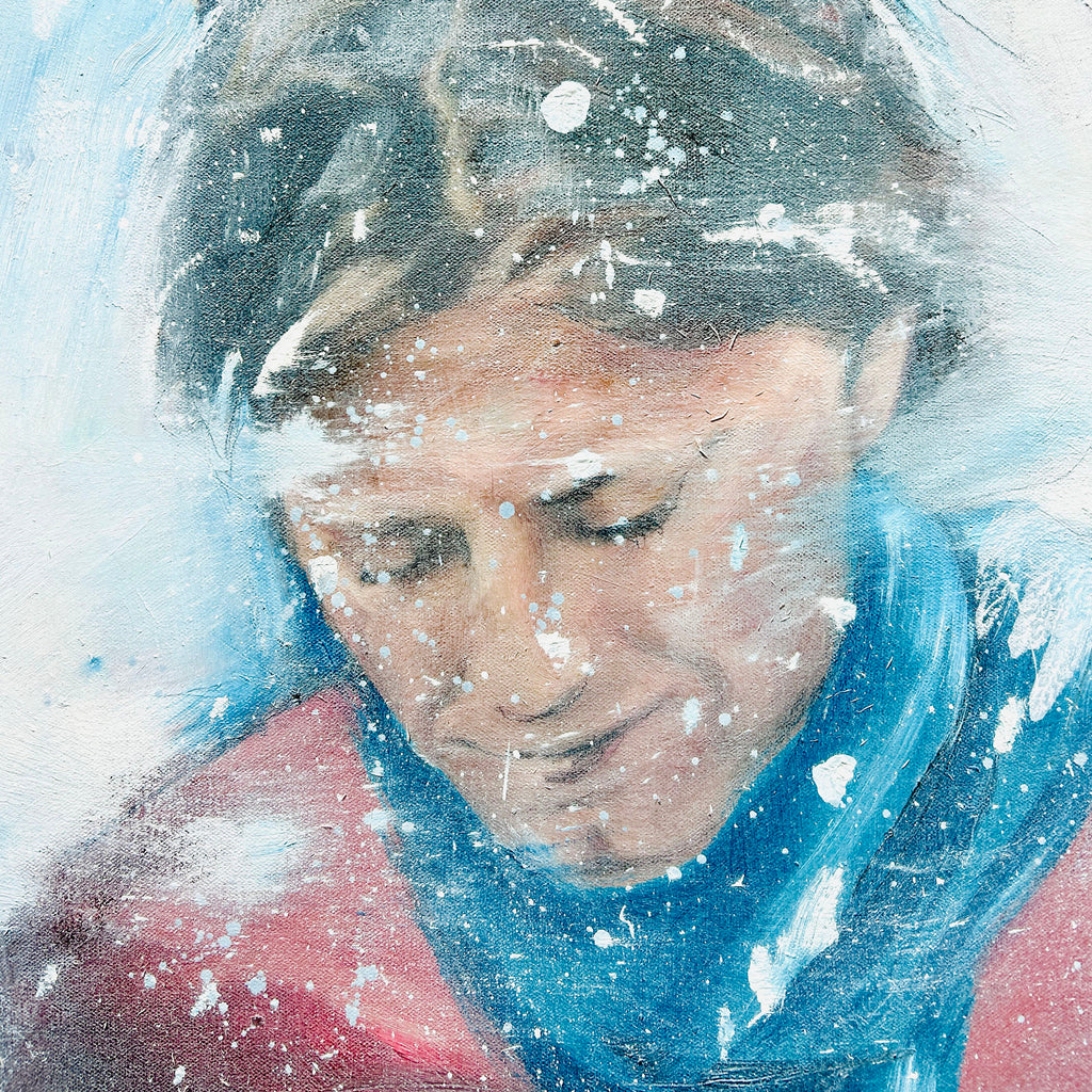 painting of a man. Close-up of a manwearing a blue scarf with snowflakes covering his face on a snowy cold day