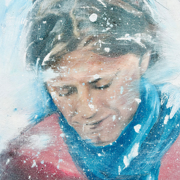 painting of a man. Close-up of a manwearing a blue scarf with snowflakes covering his face on a snowy cold day