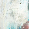 close-up of oil painting with written words in pencil. Original art with textured surface in white blue and red