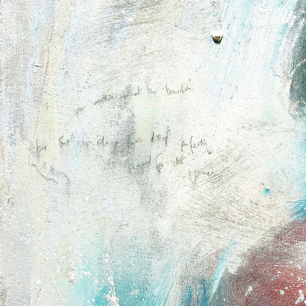close-up of oil painting with written words in pencil. Original art with textured surface in white blue and red