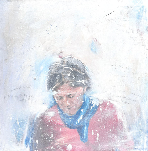 Painting of a man in a snowstorm wearing a red jacket and blue scarf looking down. written words in the background