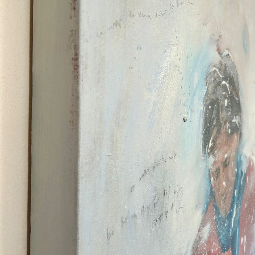 Side view of a painting of a man in a snowy winter scene. Oil painting with textured details