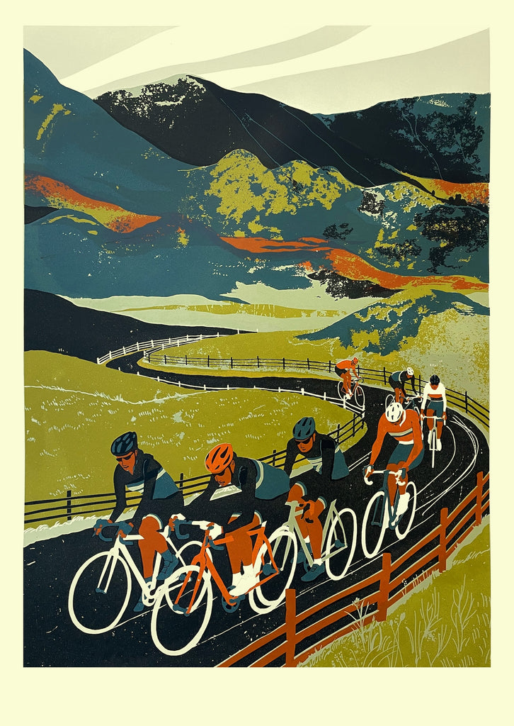 Illustration of cyclists on a mountain road with scenic mountains in the background