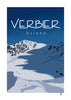 Poster of Verbier, Suisse with a snowy mountain landscape and blue sky.