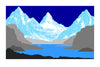 wall art print of mountain landscape with snow-capped peaks and a lake in blues and greys.