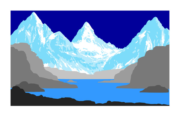 wall art print of mountain landscape with snow-capped peaks and a lake in blues and greys.