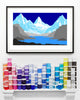 Framed wall art print of a mountain landscape with a mantel piece displaying colourful paint containers below.