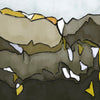 Abstract painting of a rocky mountain range with yellow and white patches.