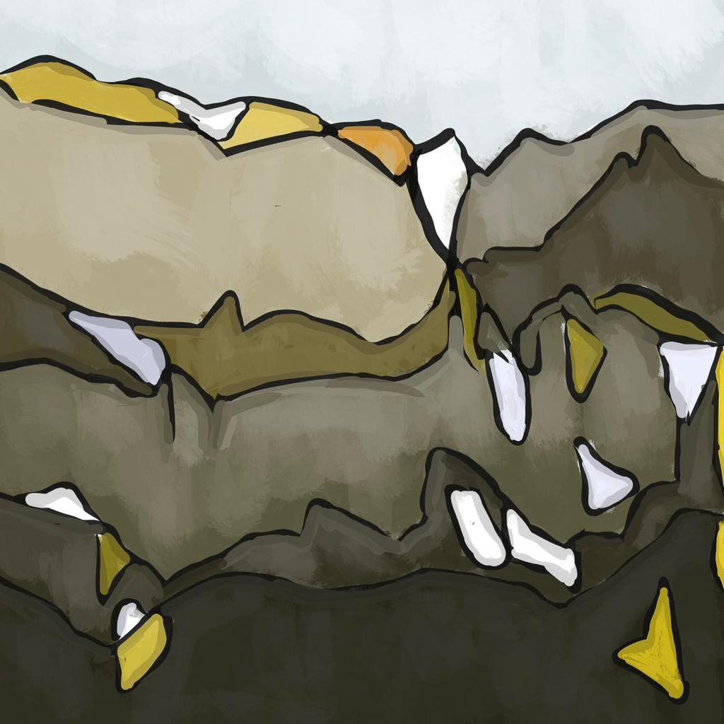 Abstract painting of a rocky mountain range with yellow and white patches.