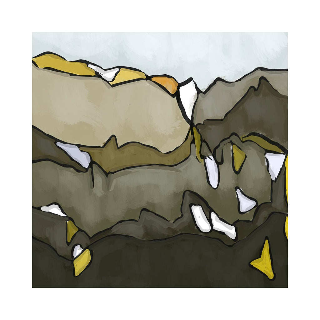 Simplified illustration of a jagged mountain landscape with yellow and white accents.