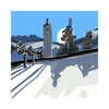 Mountain art landscape featuring the iconic bell tower of Champéry, Switzerland, surrounded by snow and dramatic evening shadows with a bright moon in the background.