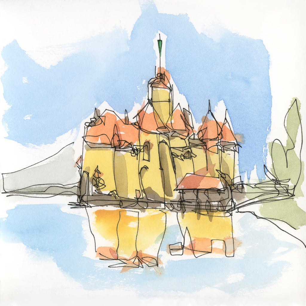 Watercolor sketch of the historic Chillon Castle in Switzerland, featuring vibrant yellow walls and orange rooftops reflecting in the blue water of Lake Geneva.