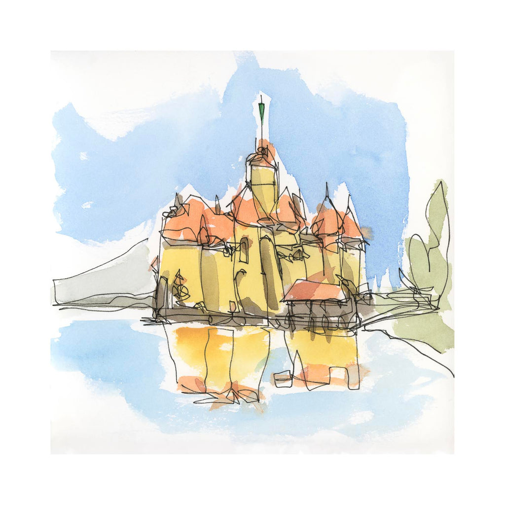 Vibrant line and wash illustration of a medieval castle on the water with a bright blue background and clear reflections, fine art print.