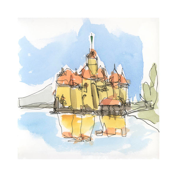 Vibrant line and wash illustration of a medieval castle on the water with a bright blue background and clear reflections, fine art print.