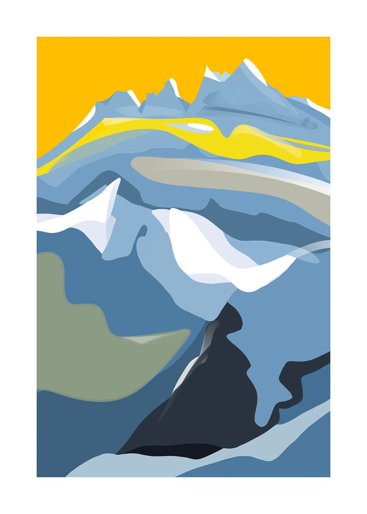 Contemporary illustration of colourful Dents du Midi with snow-capped mountains with stylized shapes and a bold color palette of blue and yellow, mountain art landscape.