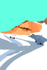 Stylized mountain landscape print featuring an orange-toned peak and blue glacier shadows against a vibrant turquoise sky, mountain art illustration.