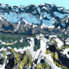 Textured artistic rendering of the Dents Blanches mountain range, showcasing jagged snow-capped peaks and deep blue shadows above a rugged alpine valley.