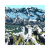 Expressive fine art print of an alpine mountain range with heavy painterly texture, featuring a palette of cool blues and crisp whites under a clear sky