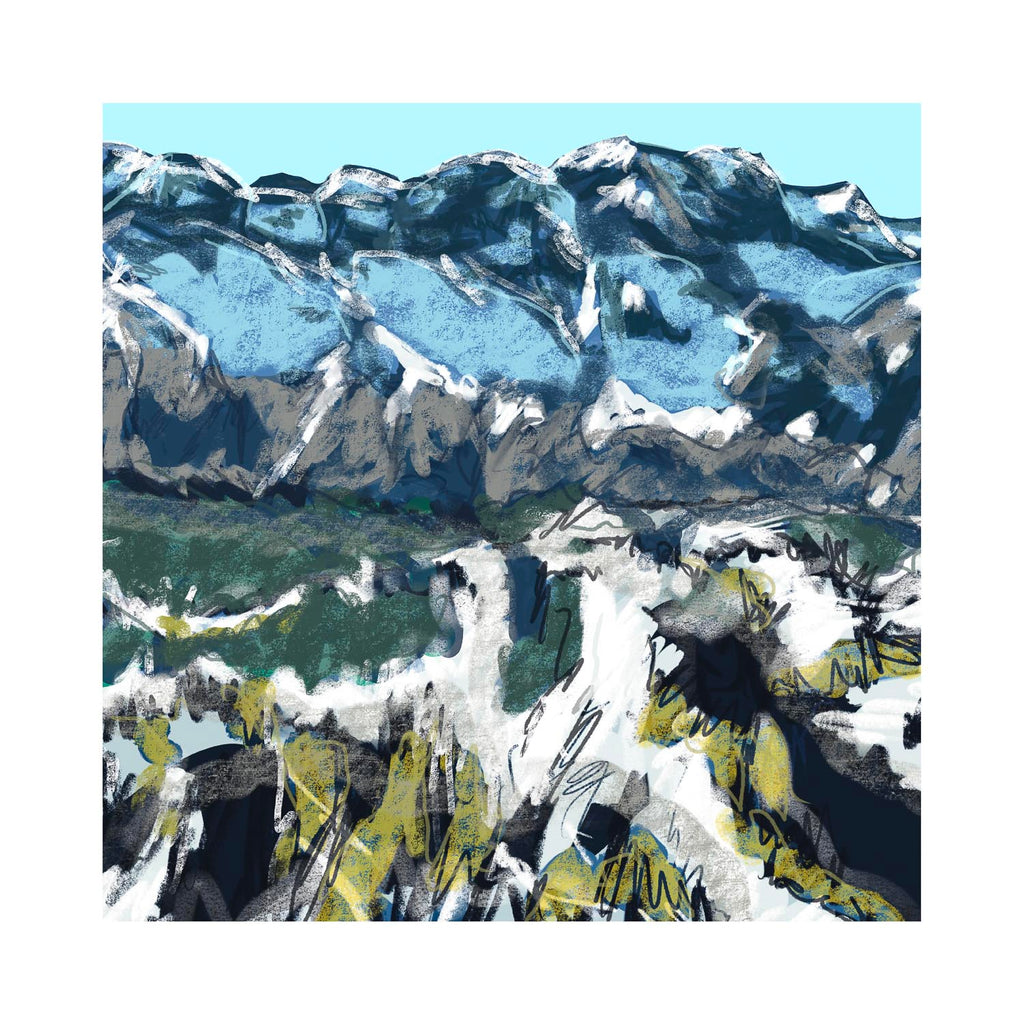 Expressive fine art print of an alpine mountain range with heavy painterly texture, featuring a palette of cool blues and crisp whites under a clear sky