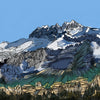 Artistic rendering of the iconic Dents du Midi peaks in Switzerland, featuring snow-capped summits and expressive line work against a clear blue sky.