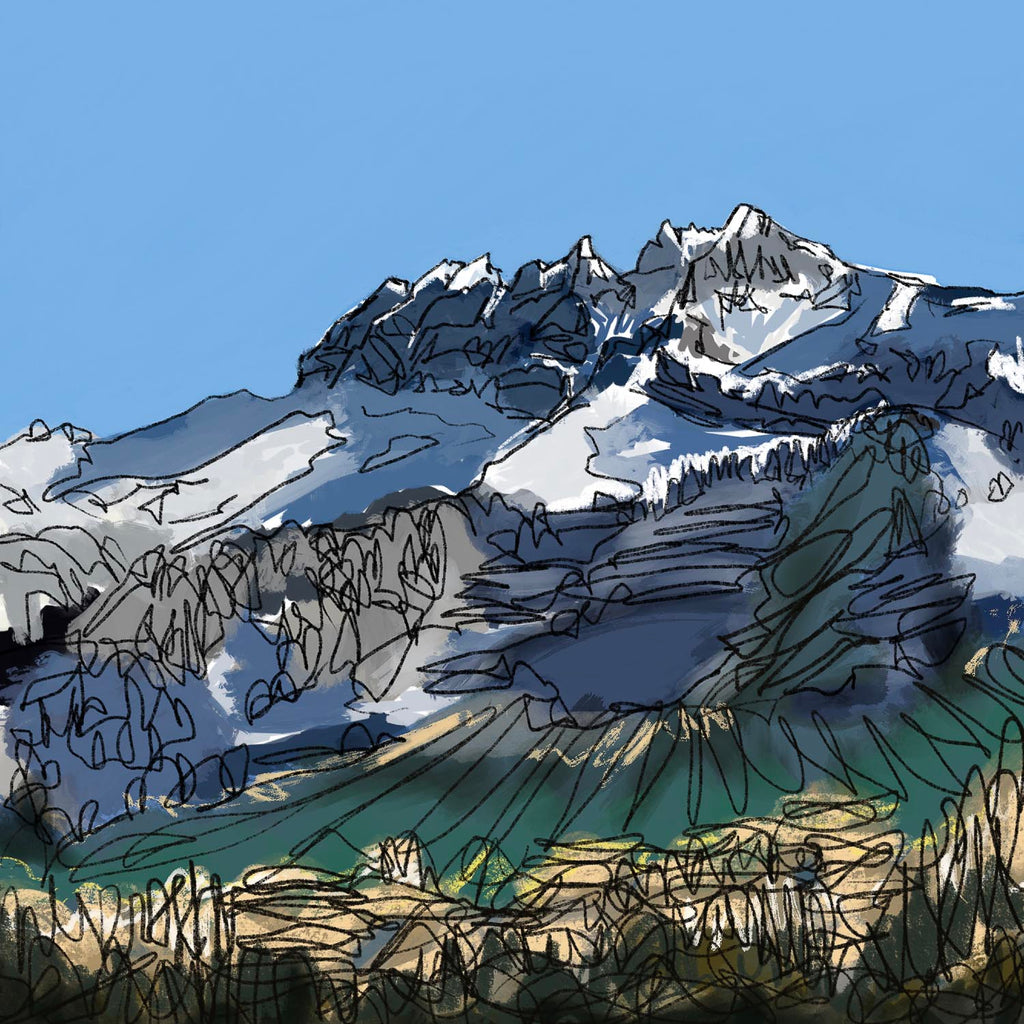 Artistic rendering of the iconic Dents du Midi peaks in Switzerland, featuring snow-capped summits and expressive line work against a clear blue sky.