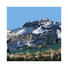 Mountain art landscape print depicting a sketchy, textured view of jagged snowy peaks above a shadowed alpine valley floor under a bright sky.