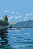 Artistic depiction of a tranquil lakeside with a line of trees reflecting in calm blue water, featuring the distant snowy peaks of the Dents du Midi under a clear sky.