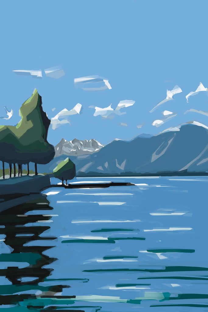 Artistic depiction of a tranquil lakeside with a line of trees reflecting in calm blue water, featuring the distant snowy peaks of the Dents du Midi under a clear sky.