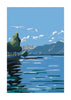 Scenic mountain art print of a serene lake shoreline and vibrant green trees, with far-off alpine ridges visible through a bright, airy blue atmosphere.