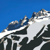 A graphic illustration of the jagged Dents du Midi peaks, featuring a bold contrast of bright snow and dark rocky shadows against a deep blue sky.