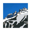 Modern fine art print of a stylized mountain range, depicting rugged alpine summits with crisp lines and blocky colors under a clear sky