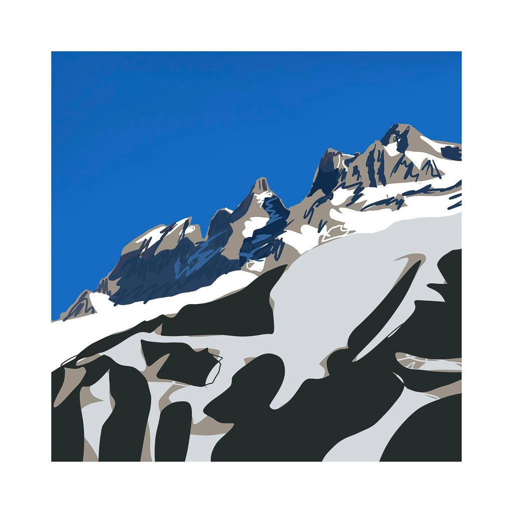 Modern fine art print of a stylized mountain range, depicting rugged alpine summits with crisp lines and blocky colors under a clear sky