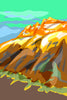 Vibrant graphic illustration of the Dents du Midi mountain range, with peaks bathed in warm orange and yellow light against a bold turquoise and teal sky.