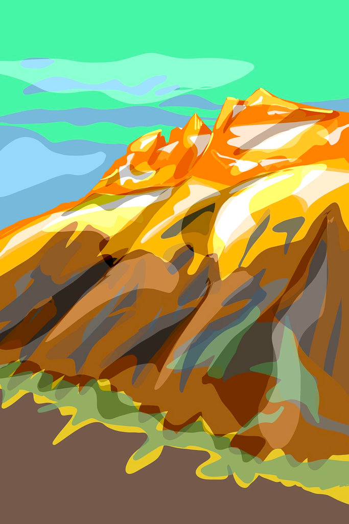 Vibrant graphic illustration of the Dents du Midi mountain range, with peaks bathed in warm orange and yellow light against a bold turquoise and teal sky.