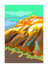 Stylized mountain art print featuring sun-drenched alpine ridges and a colorful, contemporary sky with soft blue cloud shapes, fine art print.