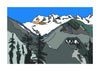 Artistic rendering of a majestic alpine scene with jagged white peaks and expressive black outlines, overlooking a rugged valley floor, mountain art print.