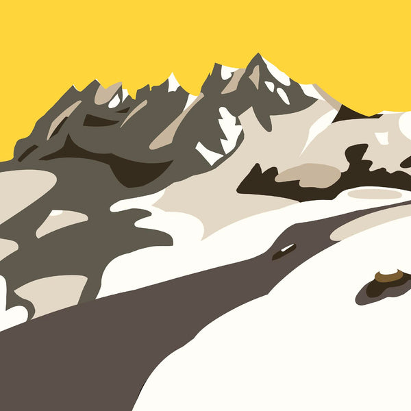 Stylized graphic rendering of the jagged Dents du Midi peaks, using a palette of grey, brown, and white against a striking, solid yellow sky.