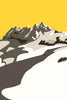Minimalist graphic illustration of the jagged Dents du Midi peaks with neutral grey and white slopes, set against a bold and vibrant yellow sky.