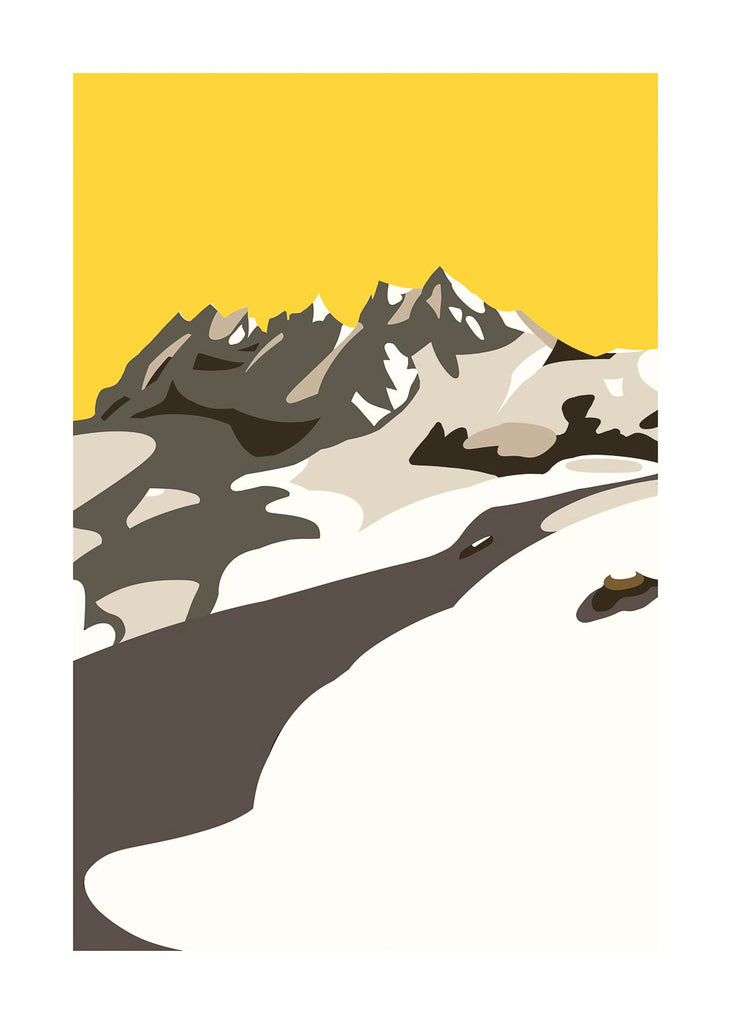 Contemporary mountain art print featuring a stylized alpine summit with sharp rocky features and simplified geometric shapes under a bright yellow background.