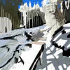 An expressive, painterly winter scene of a snow-covered forest path, featuring tall vertical tree trunks and deep shadows cast across the bright white snow under a sliver of blue sky.