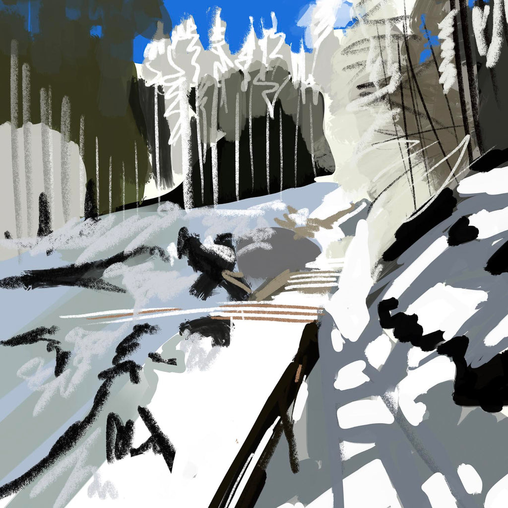An expressive, painterly winter scene of a snow-covered forest path, featuring tall vertical tree trunks and deep shadows cast across the bright white snow under a sliver of blue sky.